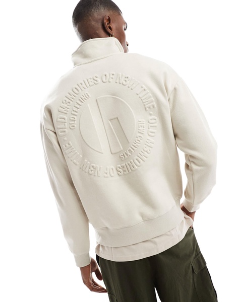 Bershka 1/4 zip sweatshirt with emboss print in ecru