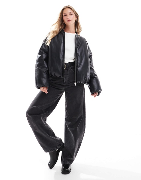 ASOS DESIGN leather look padded bomber jacket with bubble hem in black