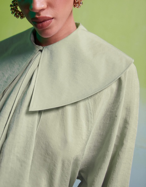 ASOS DESIGN oversized collar blouse with neck tie detail in sage green