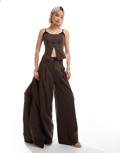 Bershka lace detail tailored vest in brown