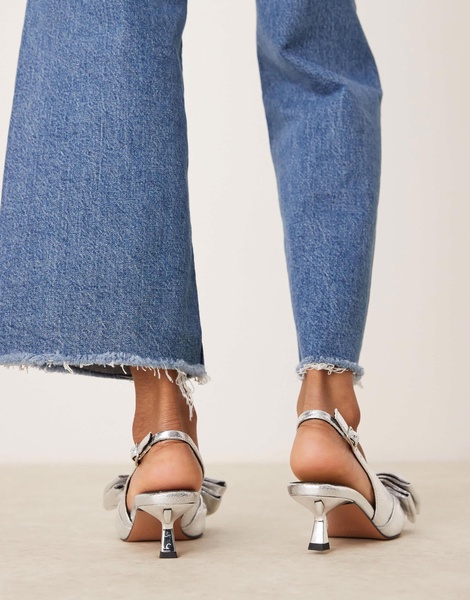 ASOS DESIGN Wide Fit Secret bow slingback kitten heeled shoes in silver