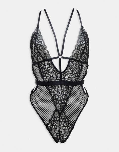 Ann Summers Obsession lace and fishnet plunge front crotchless bodysuit with strapping detail in black