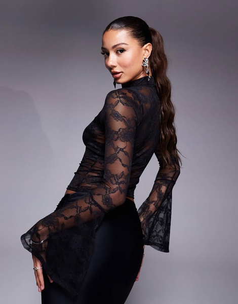 ASOS DESIGN fluted cuffs lace mock neck top in black