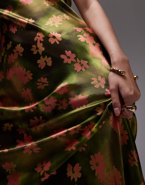 Topshop scoop cami maxi slip dress in green and pink floral