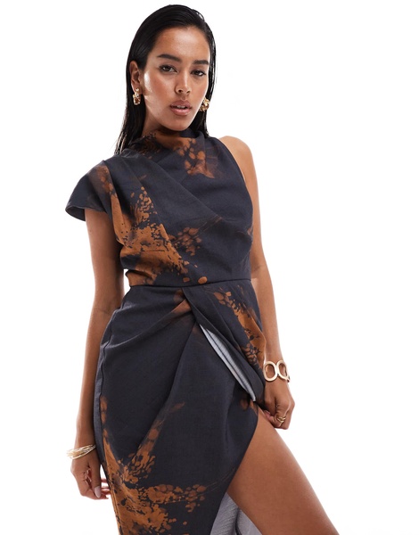 ASOS DESIGN draped one shoulder high neck midi dress in abstract floral print
