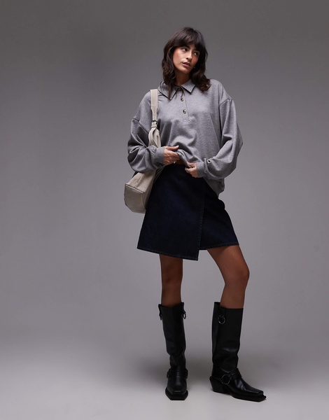Topshop premium rib polo top in gray