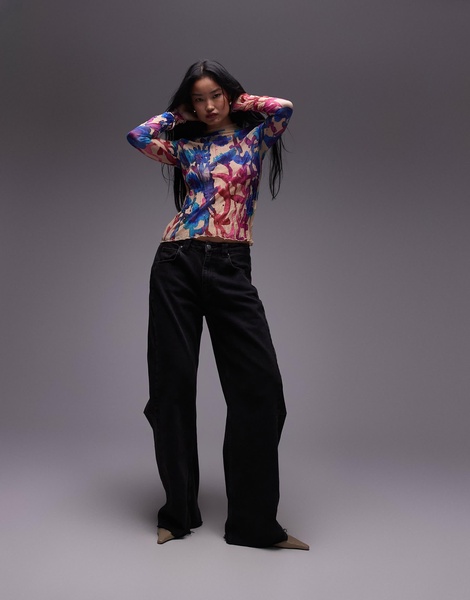 Topshop crinkle watercolor floral long sleeve top in multi