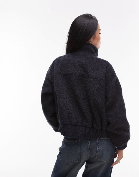 Topshop formal funnel neck boucle bomber style coat in navy
