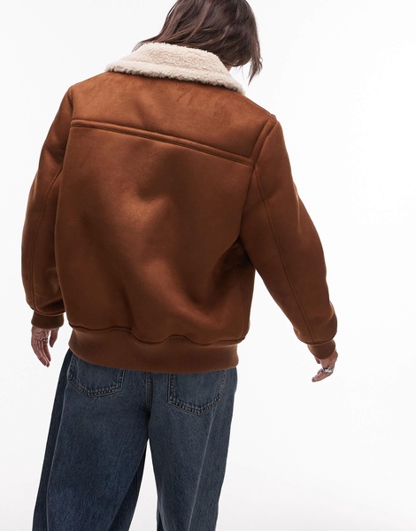 Topshop faux suede shearling bomber jacket in brown