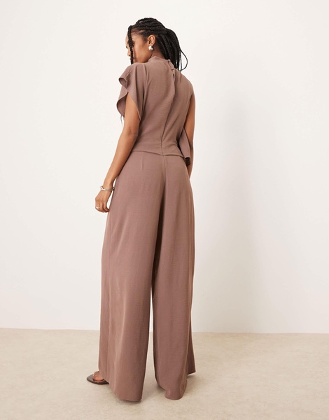 ASOS DESIGN asymmetric drape neck jumpsuit in deep taupe