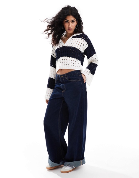Miss Selfridge striped open stitch crochet long sleeve polo sweater