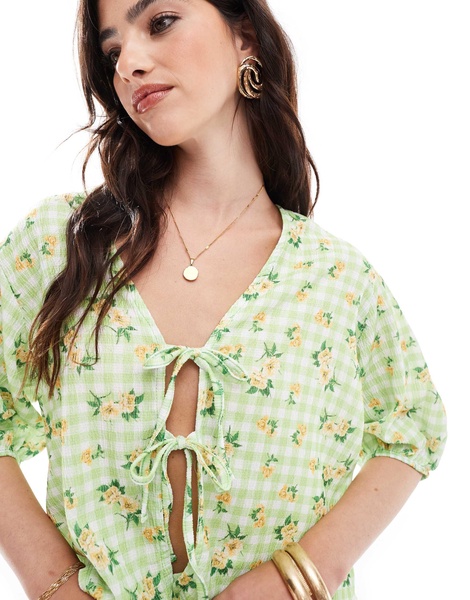 ASOS DESIGN tie front shirt in green gingham floral print - part of a set