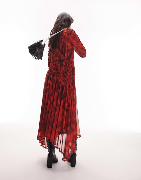 Topshop seamed ruch mesh midi dress in red floral print