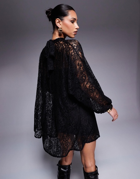 ASOS DESIGN twist neck tie blouson sleeve mini lace dress in black