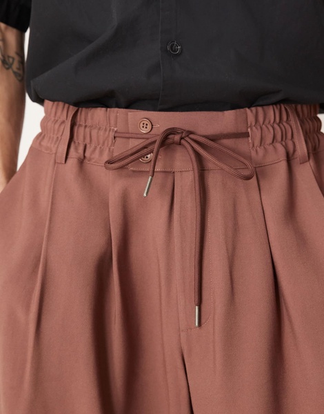 ASOS DESIGN loose fit smart pants with wide waistband and elasticated waist in brown