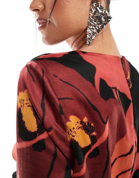 ASOS DESIGN draped front tuck sleeve bias maxi dress in abstract black based floral