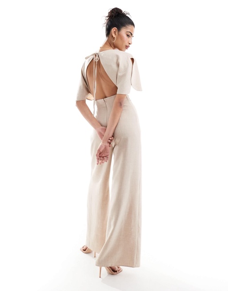 ASOS DESIGN ruched front cut out back jumpsuit in beige