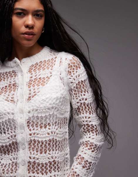 Topshop knit pointelle button cardigan in ivory