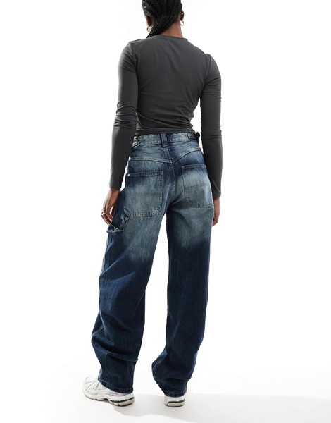 Bershka adjustable waist carpenter jeans in acid wash blue