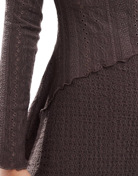 Miss Selfridge mixed texture long sleeve scoop back dress in chocolate