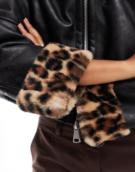 ASOS DESIGN leopard print bonded hooded faux fur jacket in black