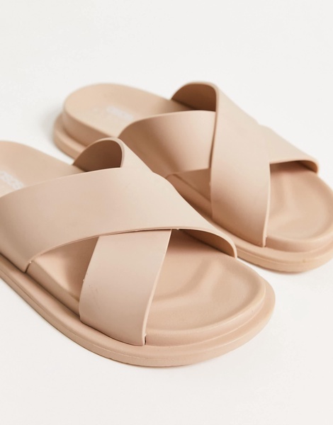 ASOS DESIGN Wide Fit Fixation cross strap jelly flat sandals in beige