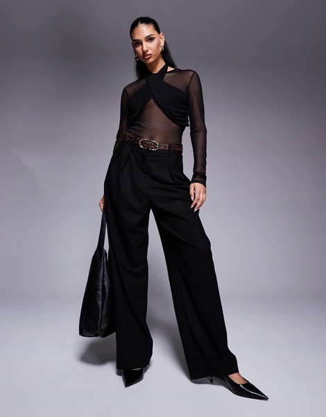 ASOS DESIGN long sleeve top with ruched halterneck detail in black