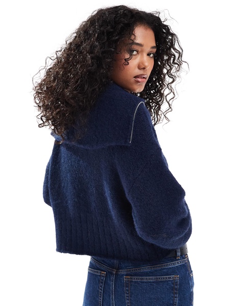 ASOS DESIGN zip up cardigan with pocket and collar detail in navy