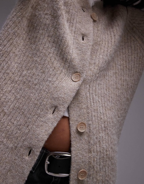 Topshop knitted high v-neck fluffy cardigan dress in oat
