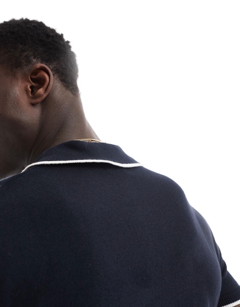 Brave Soul knitted polo shirt with contrast tipping in navy