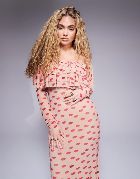 AFRM Dahlia off the shoulder maxi dress with ruffle detail in almond kiss print