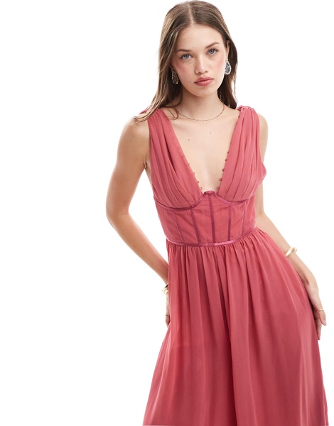 ASOS DESIGN button front plunge wide leg jumpsuit with contrast satin detail in dark pink