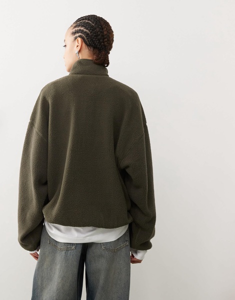 Weekday Carro half zip teddy sweatshirt in khaki