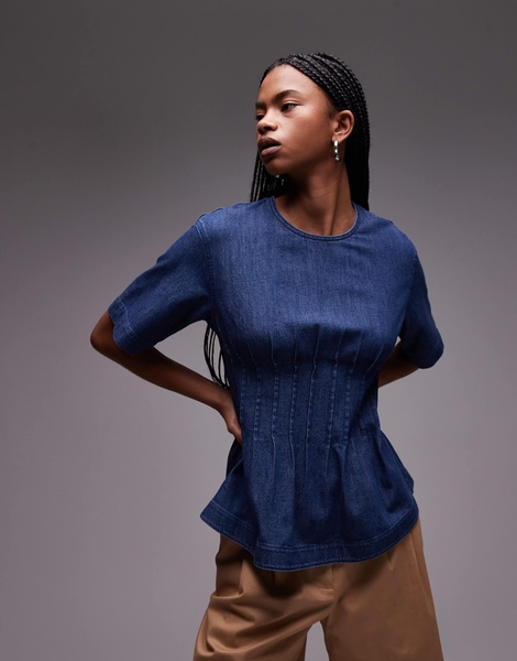 ARKET lightweight denim blouse with pleated bodice in mid wash blue