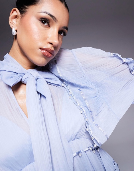 ASOS LUXE pearl embellished chiffon exaggerated blouse in blue