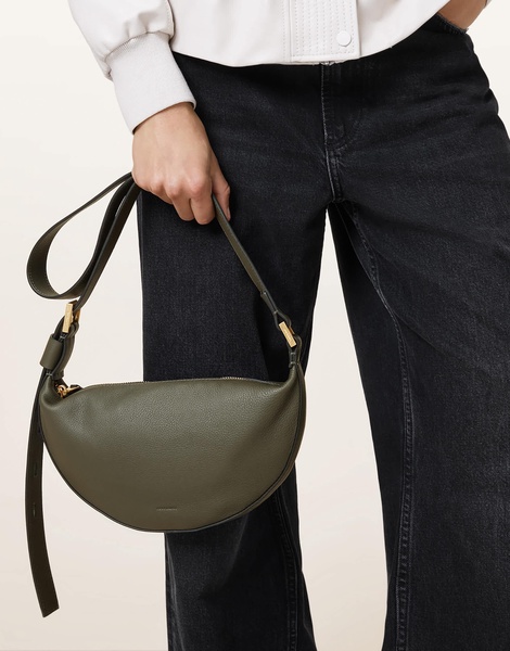 AllSaints leather half moon crossbody bag in military green