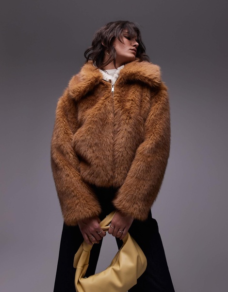 Topshop faux fur cropped bomber jacket in light brown
