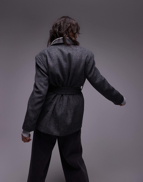 Topshop double breasted belted twill blazer coat in charcoal