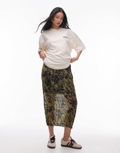 Topshop crinkle jersey midaxi skirt in green smudge print