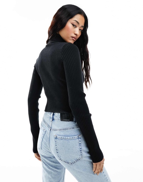 Bershka roll neck choker detail sweater in black