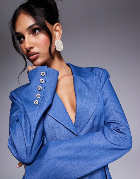 ASOS LUXE chambray cinched waist tailored blazer with embellished cuffs in blue - part of a set