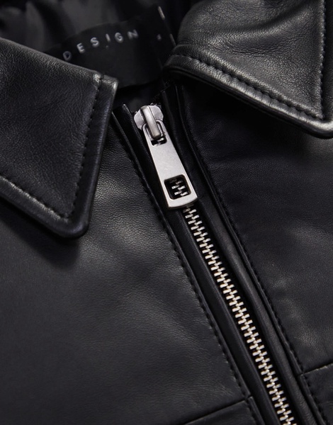 ASOS DESIGN premium real leather harrington jacket in black
