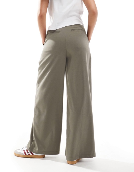 ASOS DESIGN tailored tie waist wide leg pants with pleat detail in brushed khaki