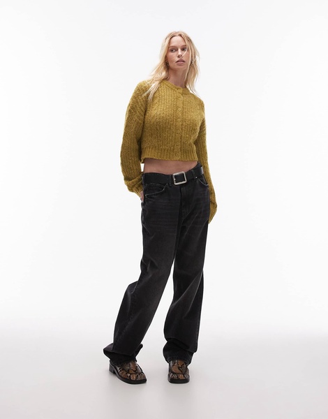 Topshop knit cropped fluffy cable cardigan in green