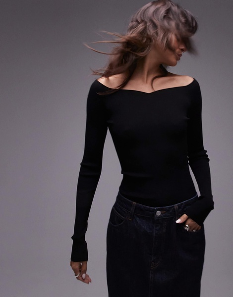 ARKET compact slinky compact knit top with off shoulder sweetheart neckline in black