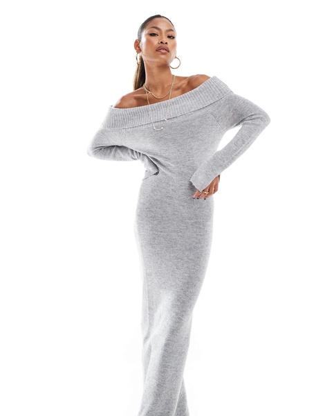 Aria Cove knitted bardot fold over maxi sweater dress in gray heather