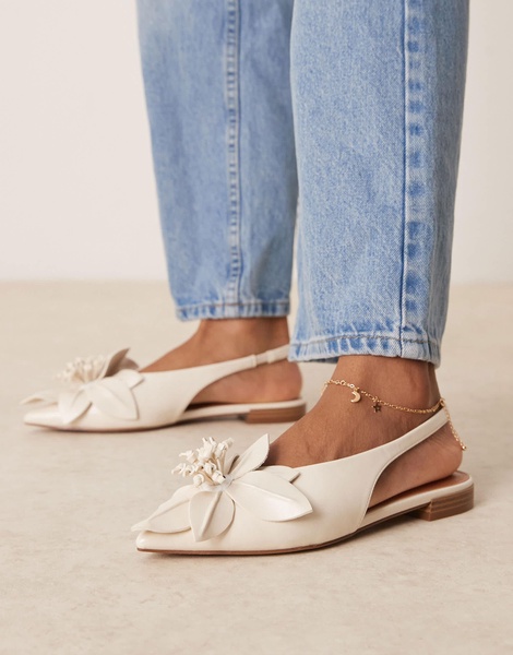 ASOS DESIGN Livia point-toe flower slingback ballets in off-white