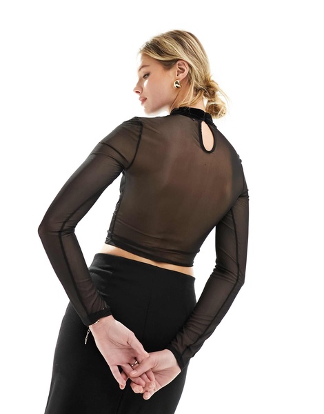 Bershka mesh and velvet long sleeve top in black