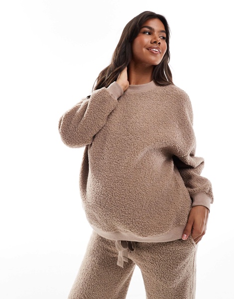 ASOS DESIGN Maternity lounge borg sweatshirt & wide leg pants set in taupe