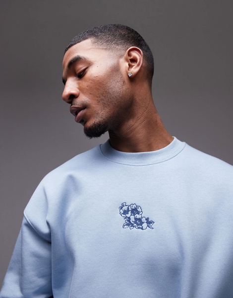 Topman oversized fit sweatshirt with floral embroidery in blue